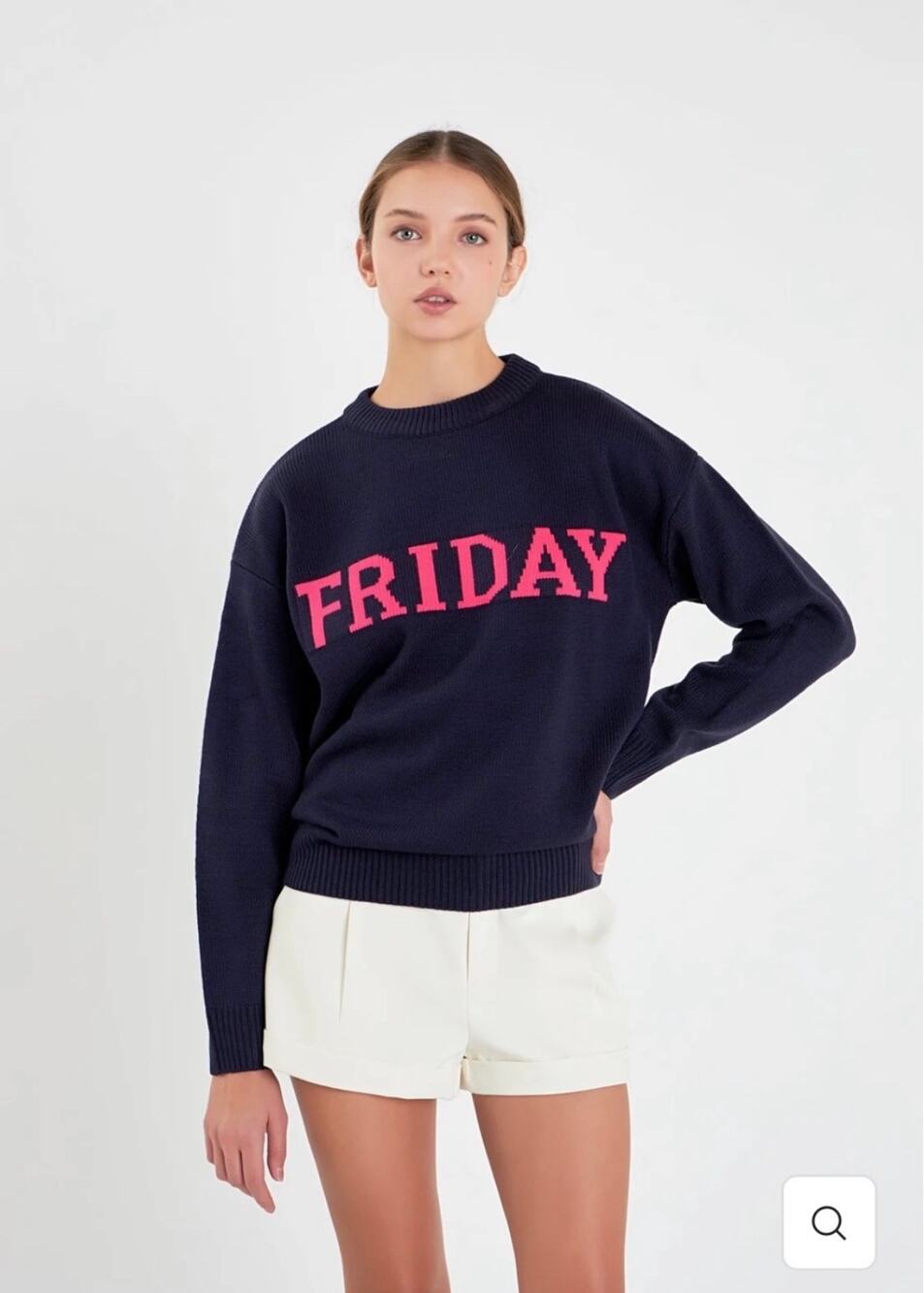 English Factory Friday Sweater Navy Pink Graphic Knit Pullover